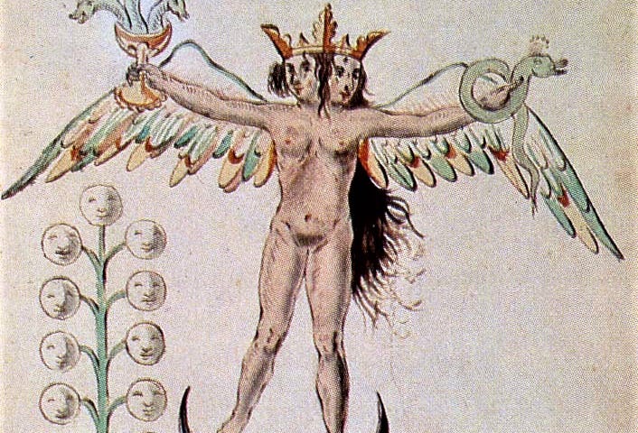 Alchemical drawing of a nude, winged two-headed figure, arms outstretched, standing on a crescent moon while on one side a dog and the other a plant of faces look on.