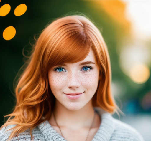 A cute young girl with reddish-blonde hair and freckles across her nose.