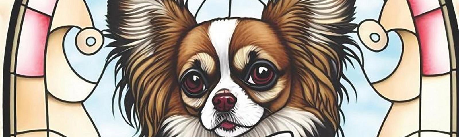 A colouring book cover showing a papillon butterfly dog sitting with some roses within a stained glass window