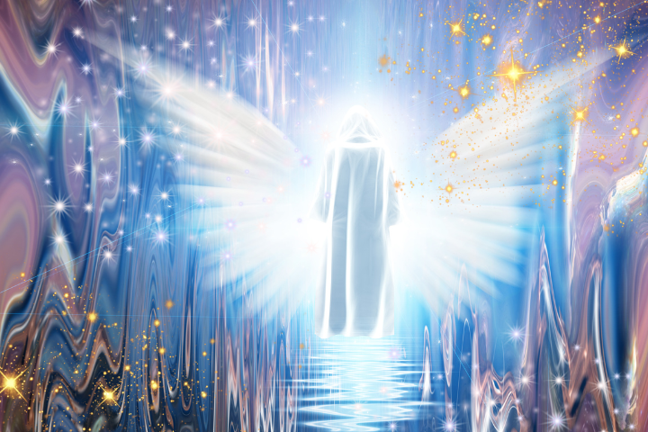 Picture of a white angel made out of light surrounded by sparkles and blue and violet colours