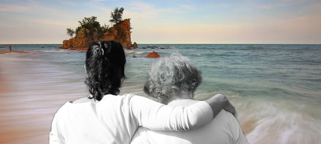 a composite of a young woman and an older woman looking out at the beach