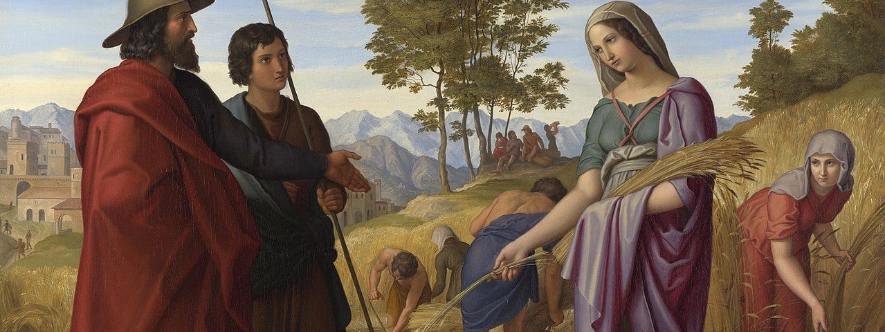 A color painting where Boaz speaks to Ruth. A young man stands beside him. She holds stalks of grain that she has gleaned from his field. Other gleaners are in the background.