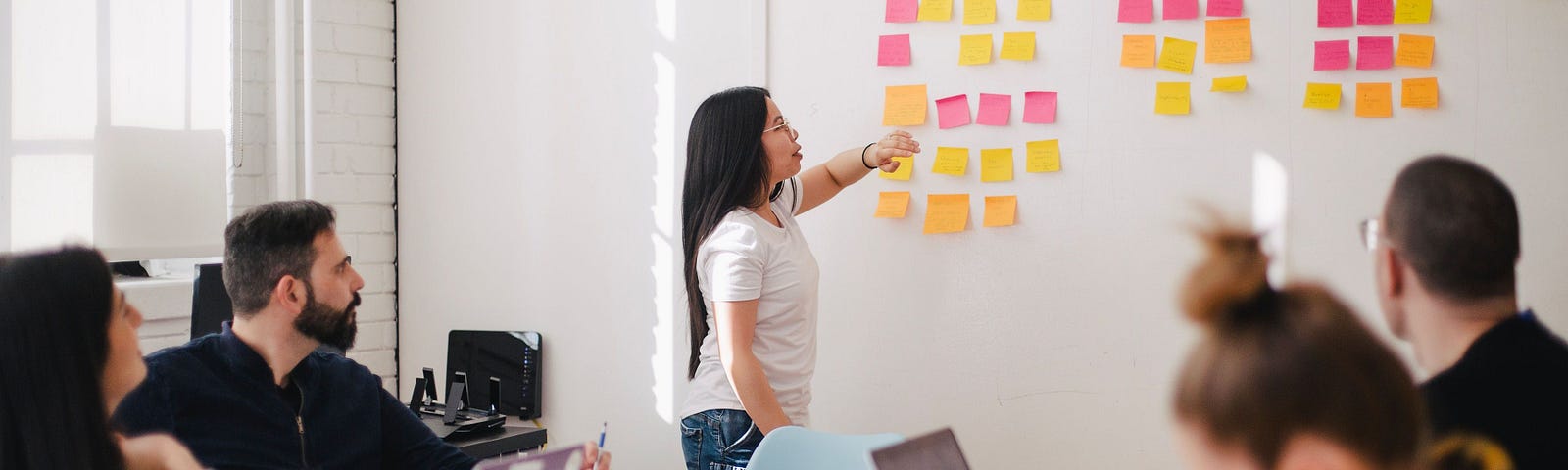 Diverse team looking at stickies on a white board