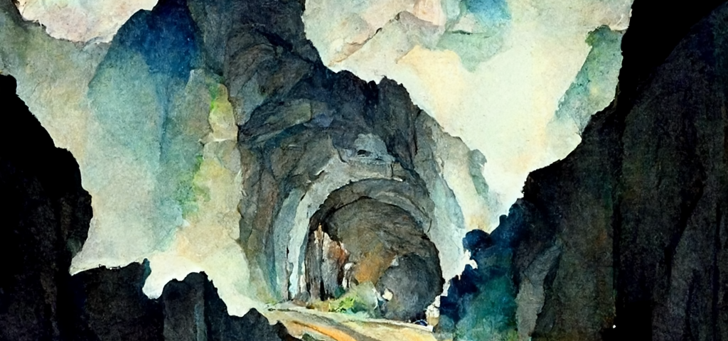 A watercolor type image of a mountain road.