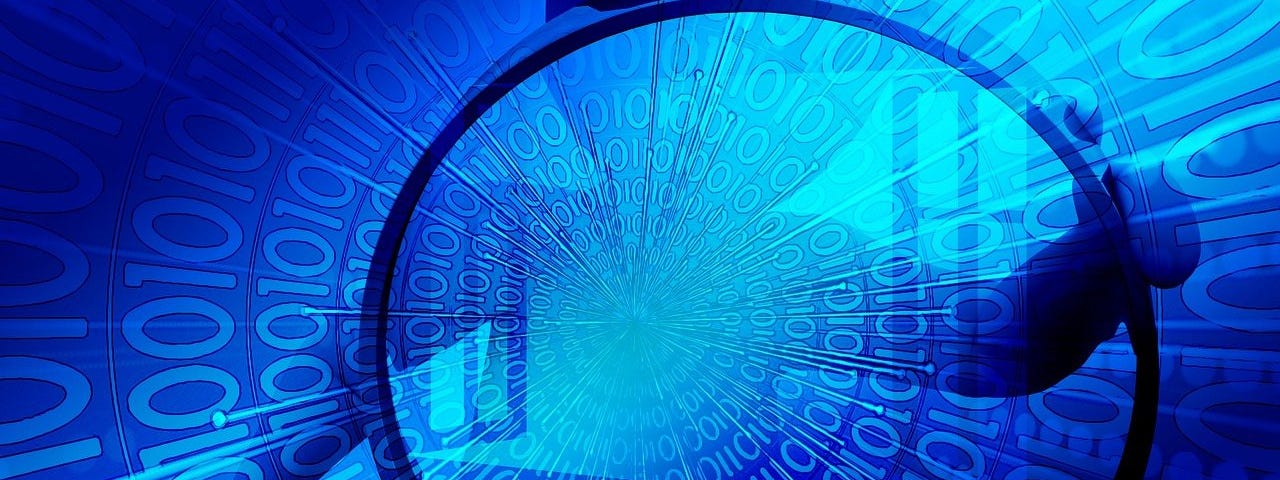 IMAGE: On a blue background with binary notation, a human figure holding a magnifying glass