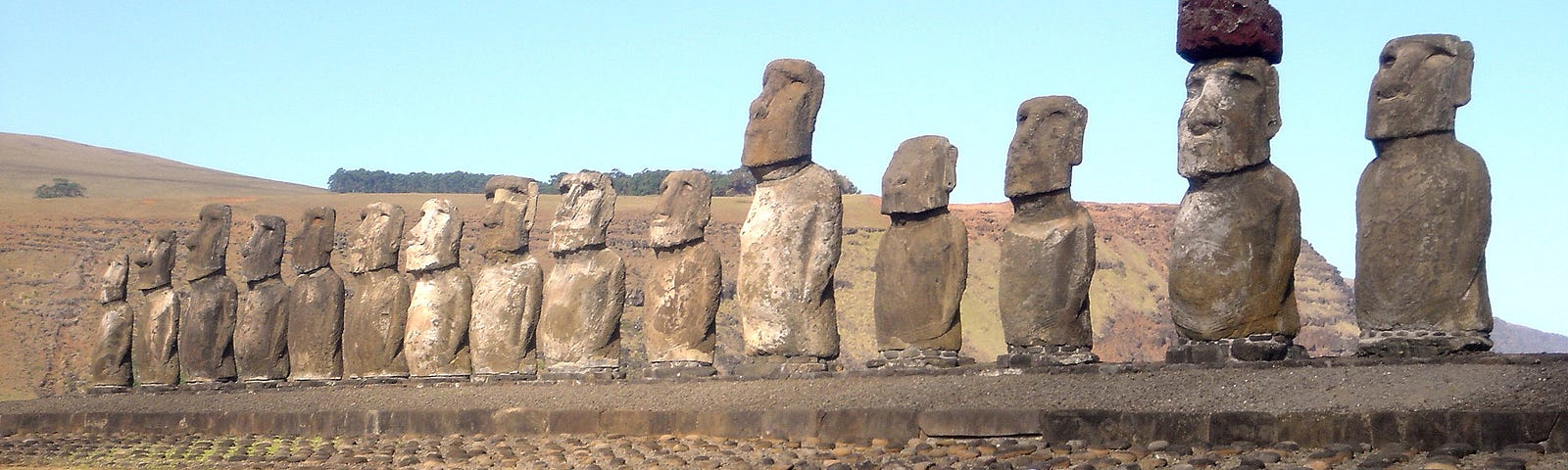 three visitors with a dog look at the famous Ahu Tongariki row of moai