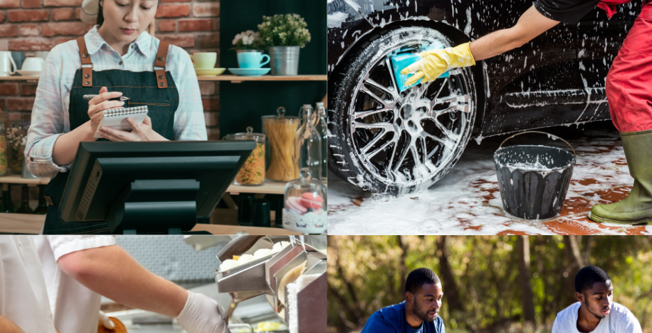 Four images of jobs as a cashier, dish cleaner, car washer and event set up worker