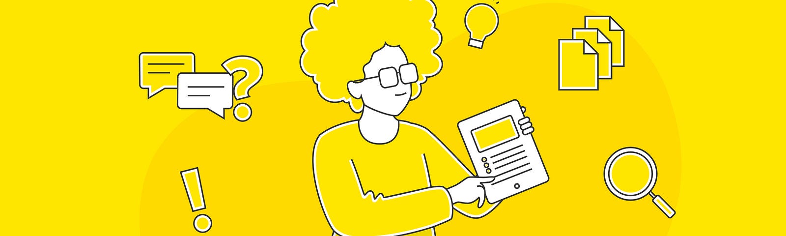 ilustración de una persona que muestra el contenido de una página en un fondo amarillo con ilustraciones de hojas y otros elementos ilustrativos