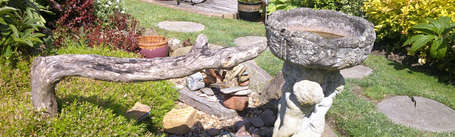 Photograph of a garden showing recycled objects of metal and driftwood in the borders amongst the plants, and in this case a long piece of a branch in the shape of the head and neck of a bird, or it could be a snake,  appearing to take a drink from a birdbath