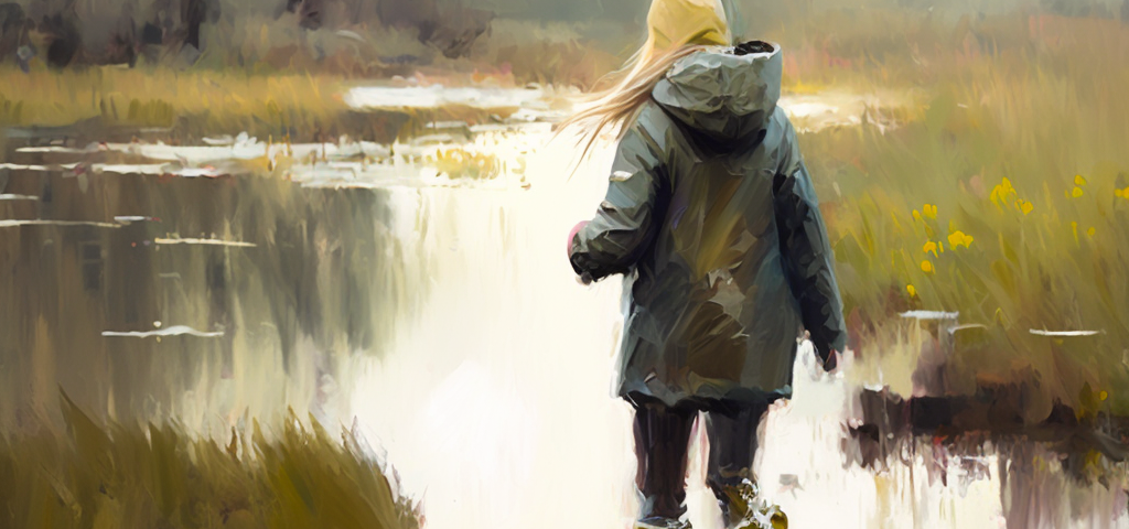 Woman wading through a bog, pictured from the back, in rain jacket and rain boots. Article on writer’s block by Elise Chidley