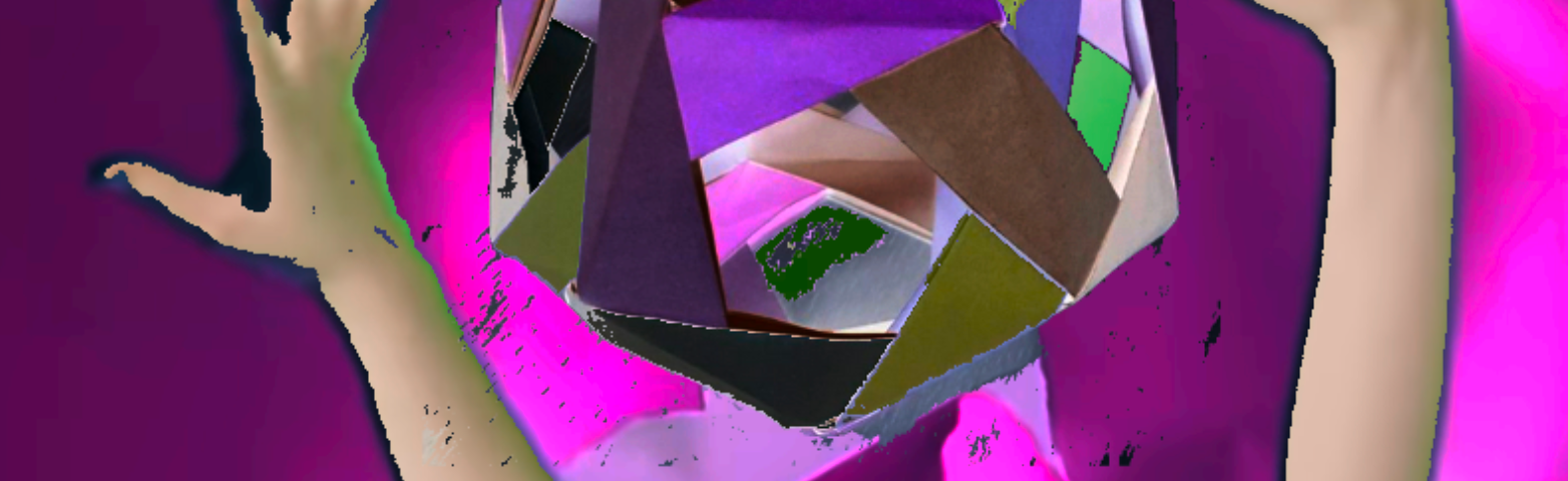 two arms break through purple paper to grab and complicated geometrical model in folded paper