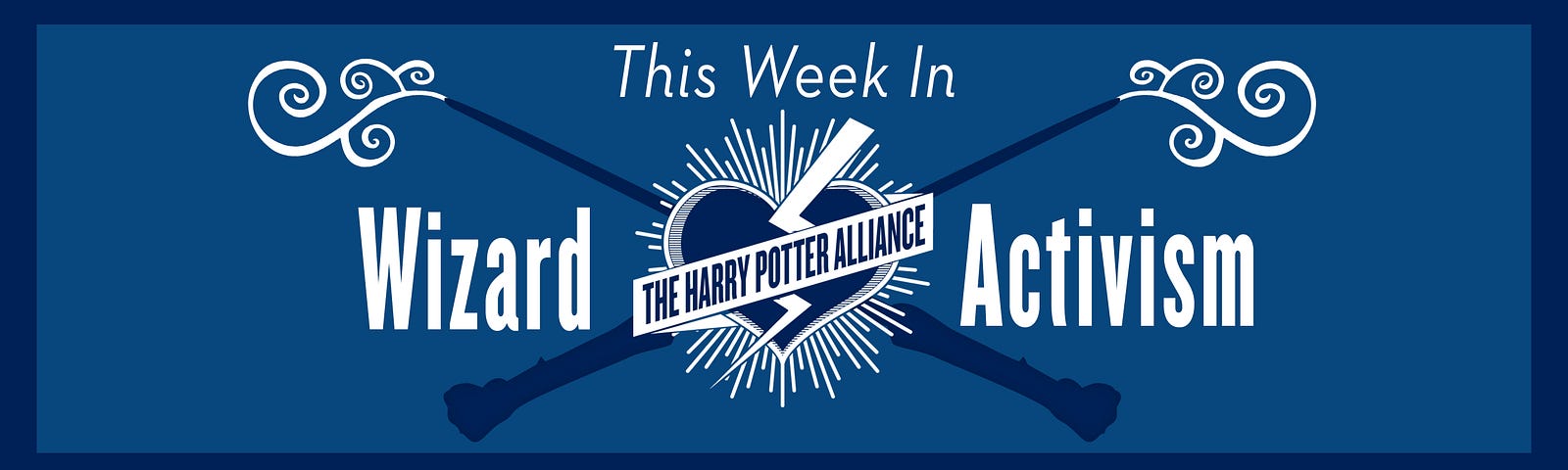 Graphic of our This Week in Wizard Activism logo! It features the words “This Week in Wizard Activism” and our logo on a blue