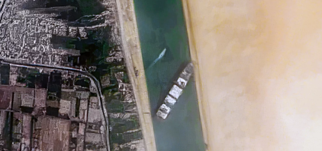 The Ever Given, a container ship, trapped in the Suez Canal.