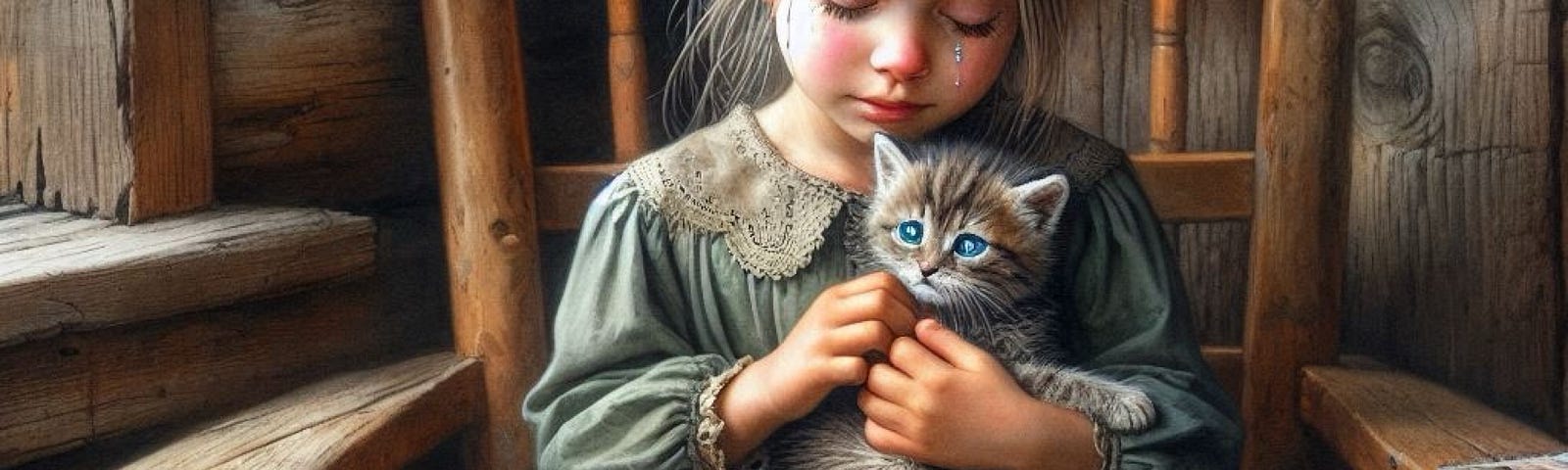 a young girl sitting in a wood chair in a rustic cabin holding a tiny kitten to her cheek. girl’s eyes are closed. a tear is falling from her eye. a patchwork quilt lays across her lap.