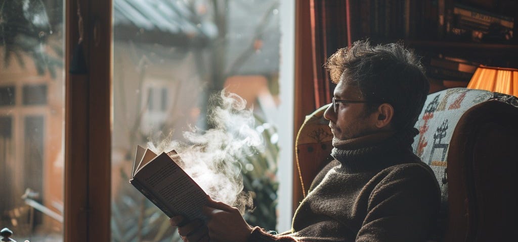 A man reading and enjoying a coffee in a peaceful morning.