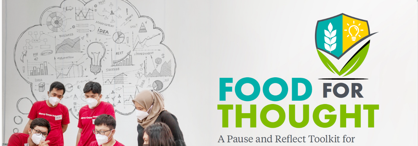 Cover page of the Food for Thought toolkit, featuring the title of the toolkit and five people wearing facemasks sitting around a laptop.