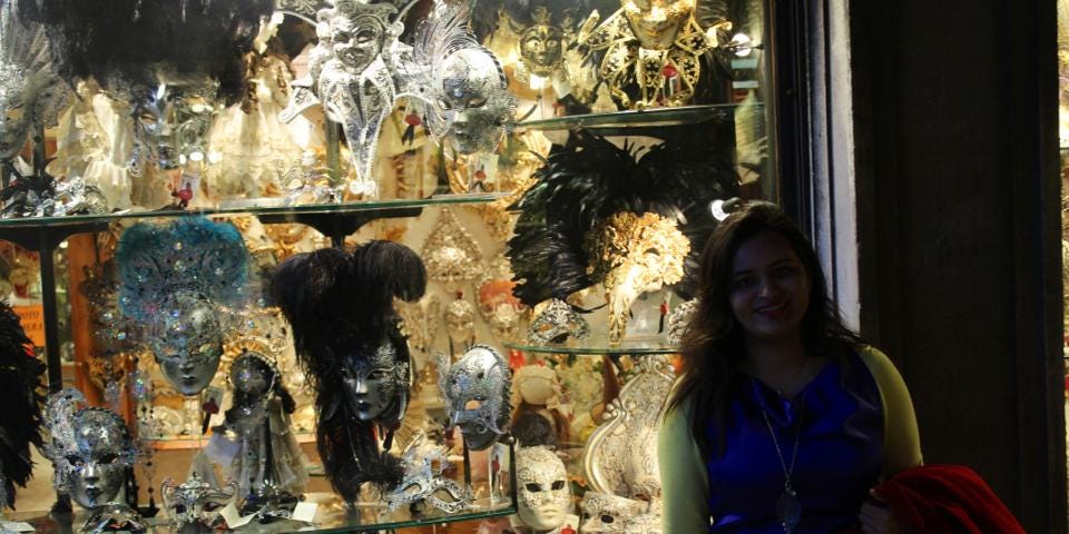 Author in front of a mask shop in Venice
