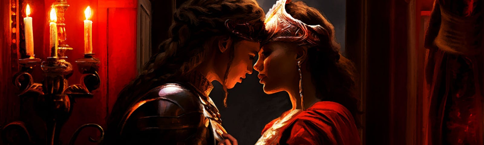 Fantasy painting of a young princess and an armored woman guard in an intimate pose in a secluded candlelit alcove with warm yellow and red light