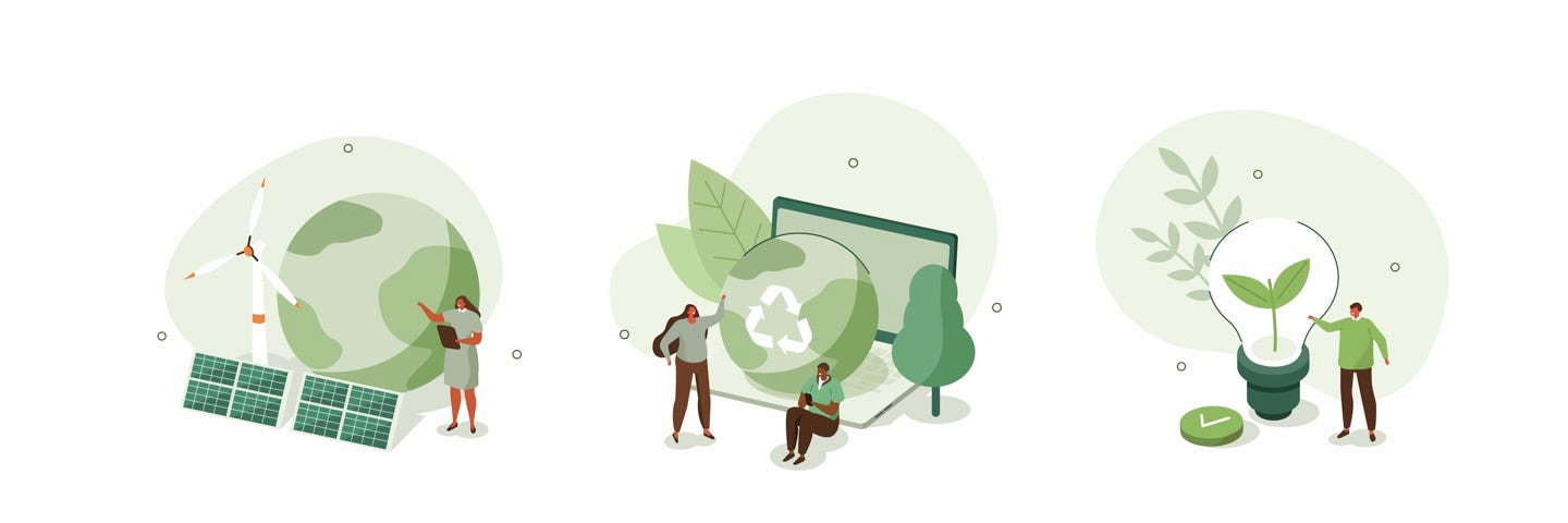 Three green illustrations of sustainability actions. First illustration: a person stands in front of the world pointing at two solar panels and a wind turbine. Second illustration: two people talk in front of a giant laptop, with a recycling symbol stamped in the background. Third illustration: a person stands in front of a lightbulb which has sapling growing inside of it.