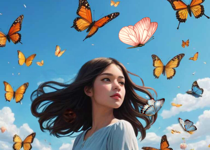 A pretty young girl in a field of flowers surrounded by blue sky and butterflies
