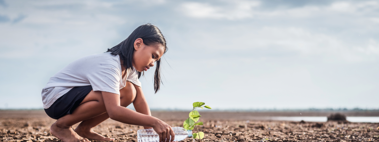 A little girl waters a plant in the desert