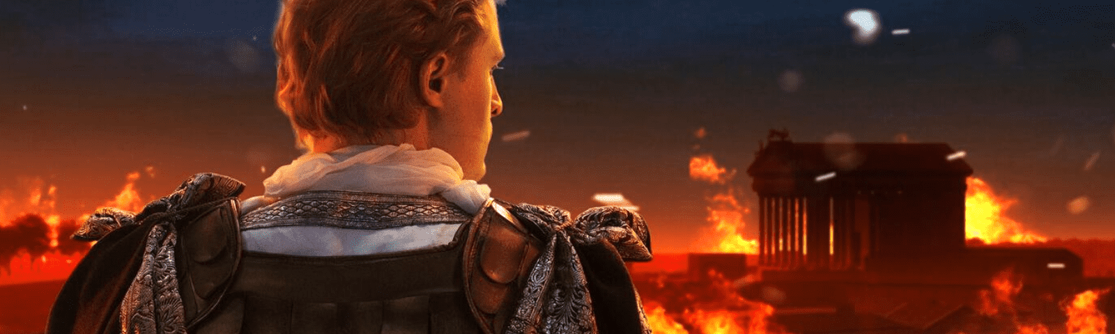 Nero watches the Great Fire of Rome from his balcony.