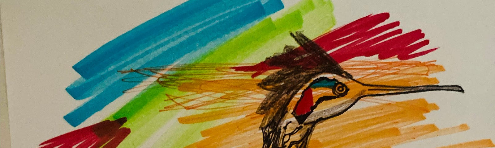 A marker sketch of a road runner over a backdrop of scribbled blue, green, red and orange
