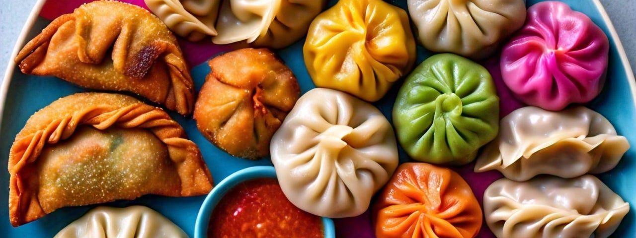 The photo is generated by Meta AI and shows a plate of colourful dumplings from around the world.