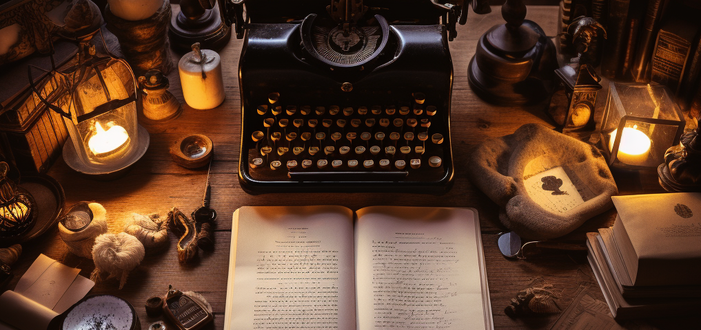 Midjourney generated image. Prompt: Birdseye view but up close, over a desk filled with handwritten letters and a vintage looking black typewriter, a quill. Everything is kind of brown toned, somber looking in the style of dark academia. There is a white candle burning too. Natural light falls on the paper, very simple and serene. The picture is taken with a sony alpha 7 iii with a 85 mm prime lens.