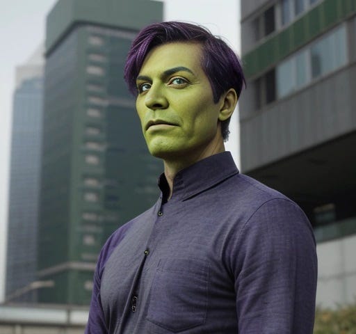 A 45-year-old man with light green complexion, indigo hair, and violet eyes, wearing a dark grey collarless shirt, standing outside a futuristic office building.