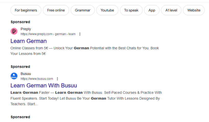 Google search for learning German