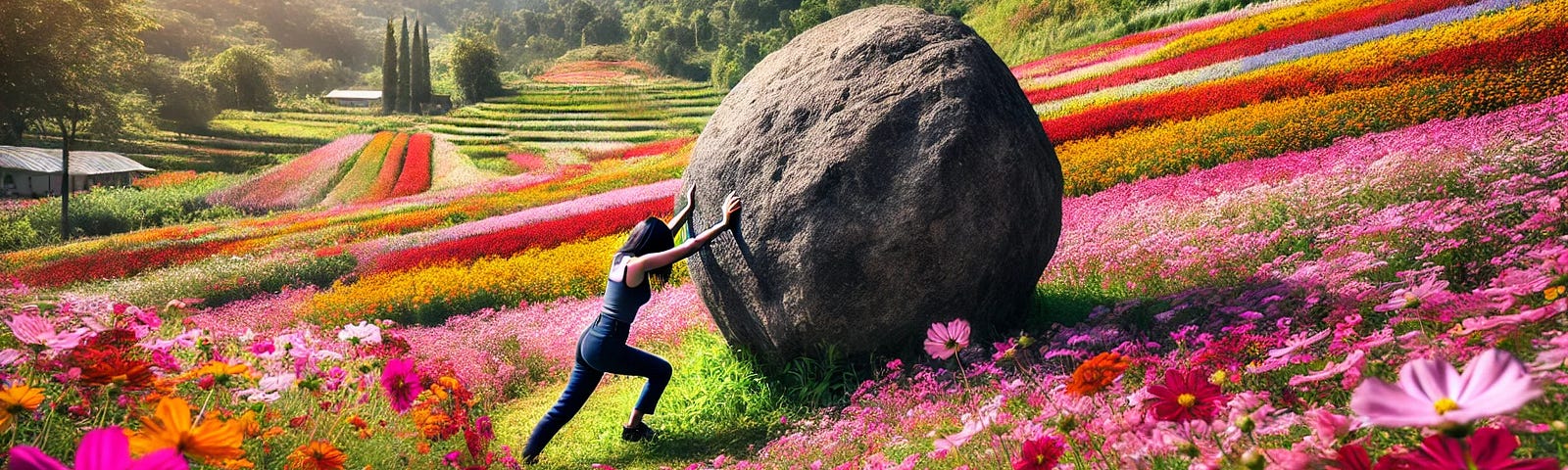 The woman is pushing a giant rock uphill out of her way.