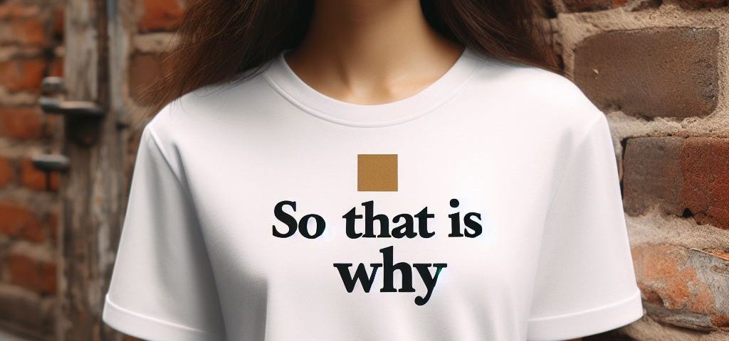 A young lady in a white T-shirt with the slogan “so that is why…” printed on it.