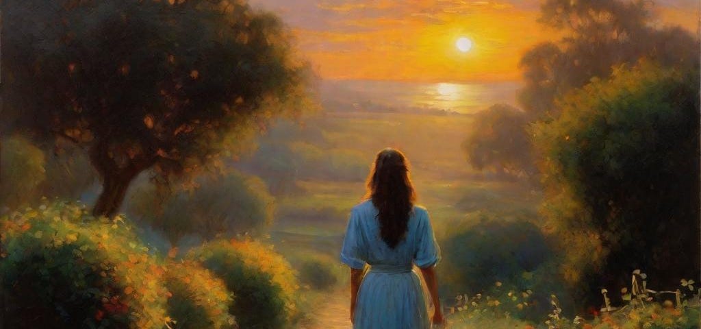 Woman walks down a garden path into a golden sunset.