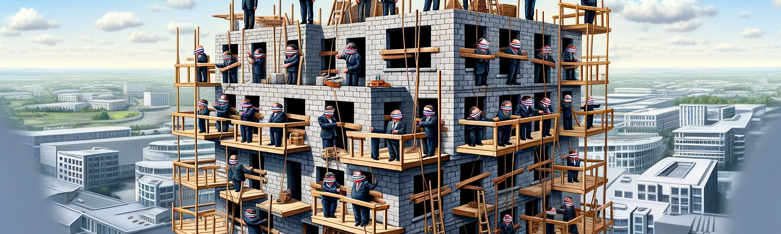 ChatGPT & DALL-E generated panoramic image depicting blindfolded builders working on a construction site, symbolizing misguided cooperation and lack of coordination. The scene portrays an unstable and nonsensical structure set against an urban landscape.