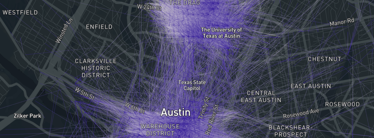 Austin scooter trips start (white) and end points (blue) visualized with kepler.gl for morning commute trips in January 2019