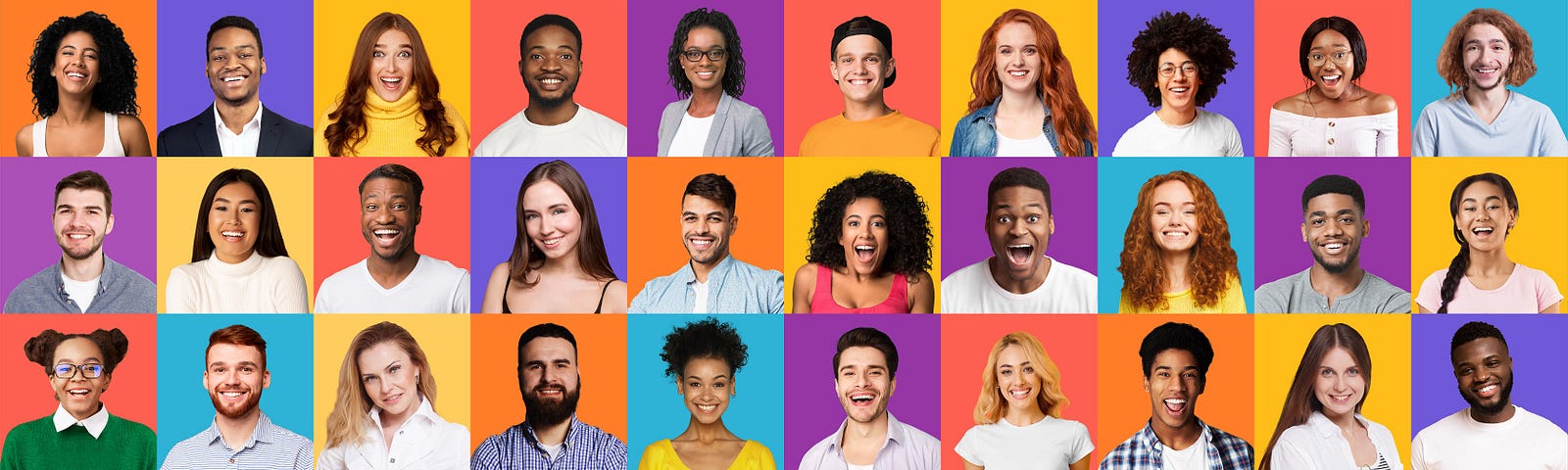 Set Of Positive People Portraits Posing Over Bright Backgrounds