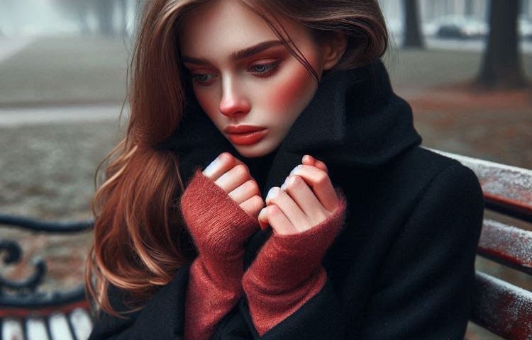 A young woman with rosy cheeks and red hands pulling her coat around her while sitting on a park bench.