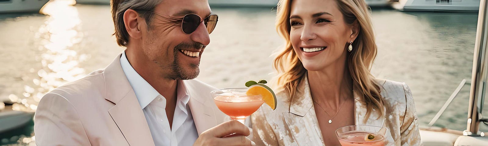 Wealthy couple sipping cocktails on a yacht