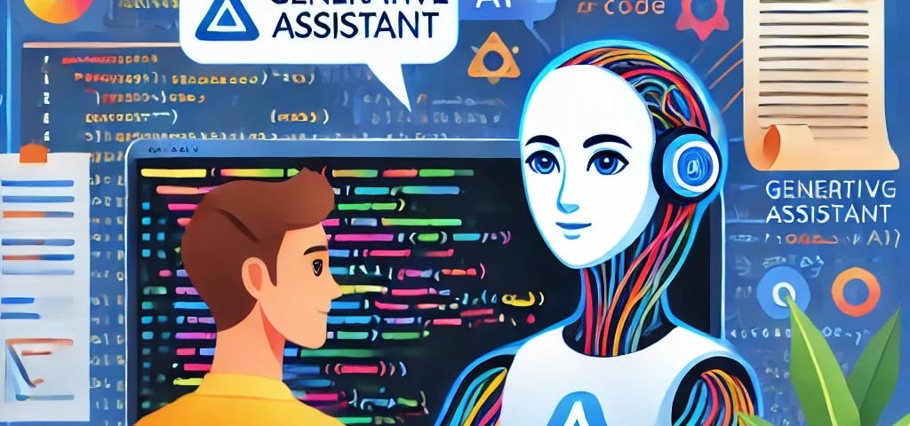 IMAGE: An illustration featuring a human developer in front of a screen filled with code, assisted by a generative AI