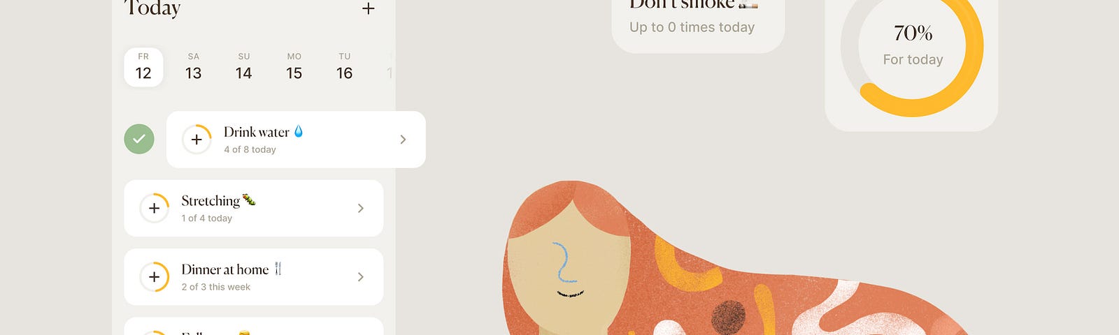 A character with long orange hair and geometric shapes inside showing the Ui of the Habits application.