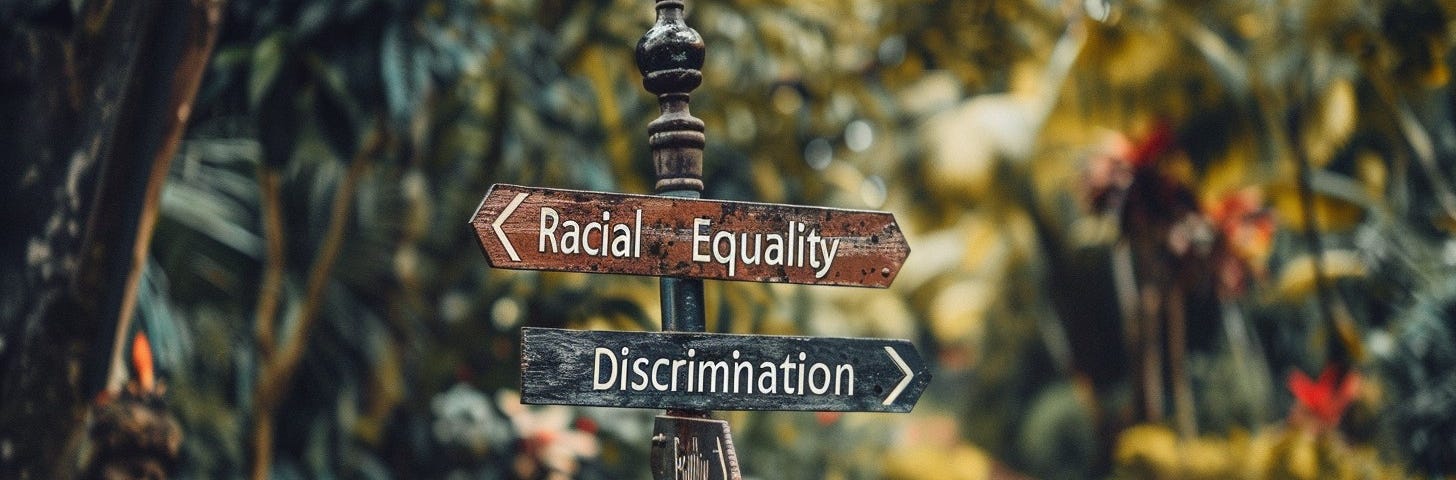 A signpost with arrows pointing to ‘Racial Equality’ and ‘Discrimination’ set against a lush, green tropical background.