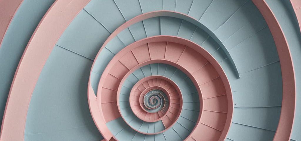 Stylized Fibonacci image in pink and blue.