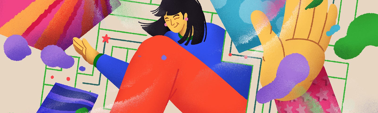 A colorful digital illustration (with shades of red, blue, yellow, green, purple, and orange) on a light blue background. At the center of the illustration is a light-skinned woman, surrounded by multicolored squares and shapes, with shoulder-length black hair, wearing turquoise shoes, red pants, and a blue top with one leg stretched out in front of her and another tucked under her. Her left hand is enlarged and facing palm out.