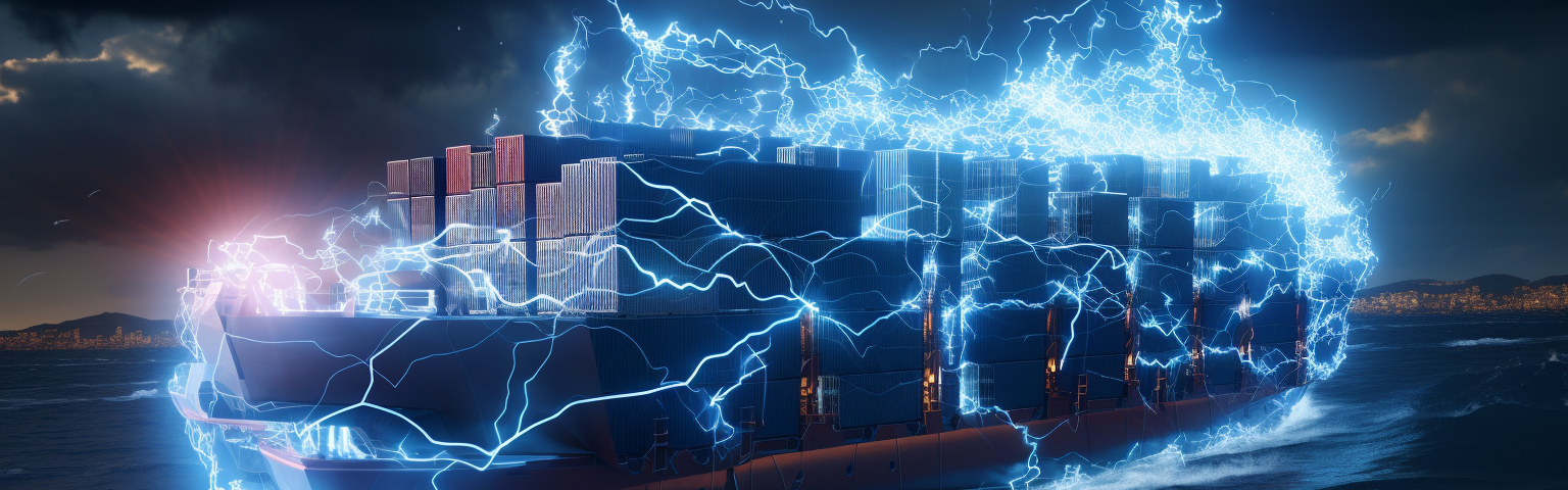 Midjourney generated image of a container ship covered with electricity and circuits