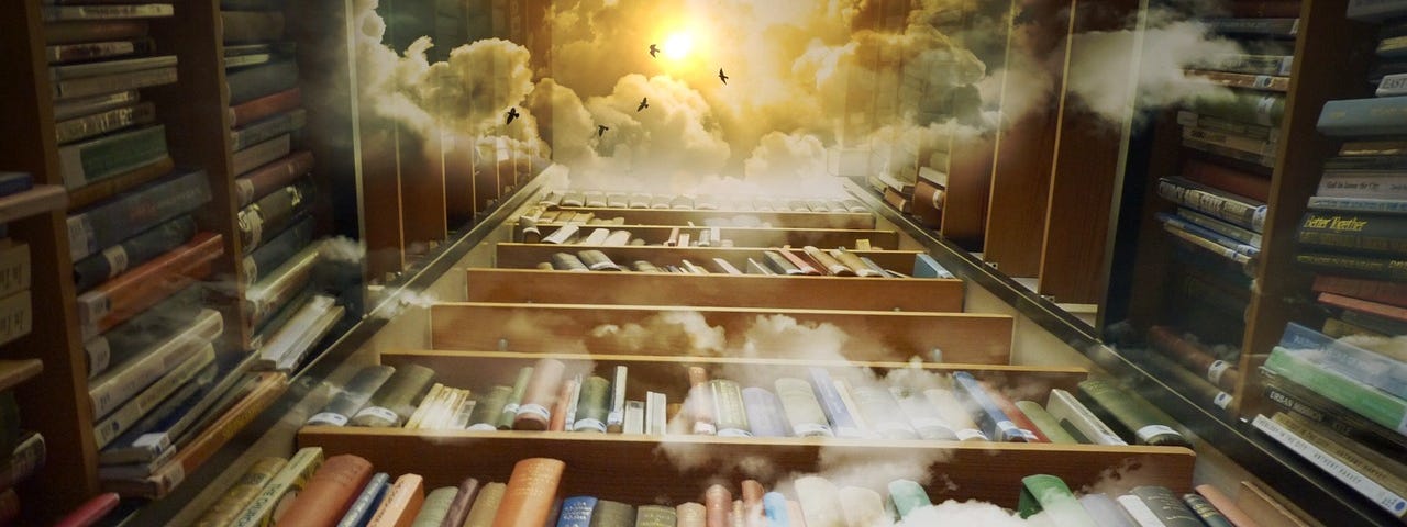 A library of books extending into the clouds above. Beauty in the pleasure of reading.