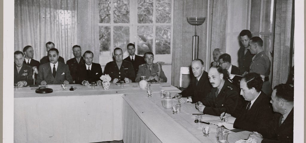 Dr. Ralph Bunche and negotiators at the Arab-Israeli peace talks