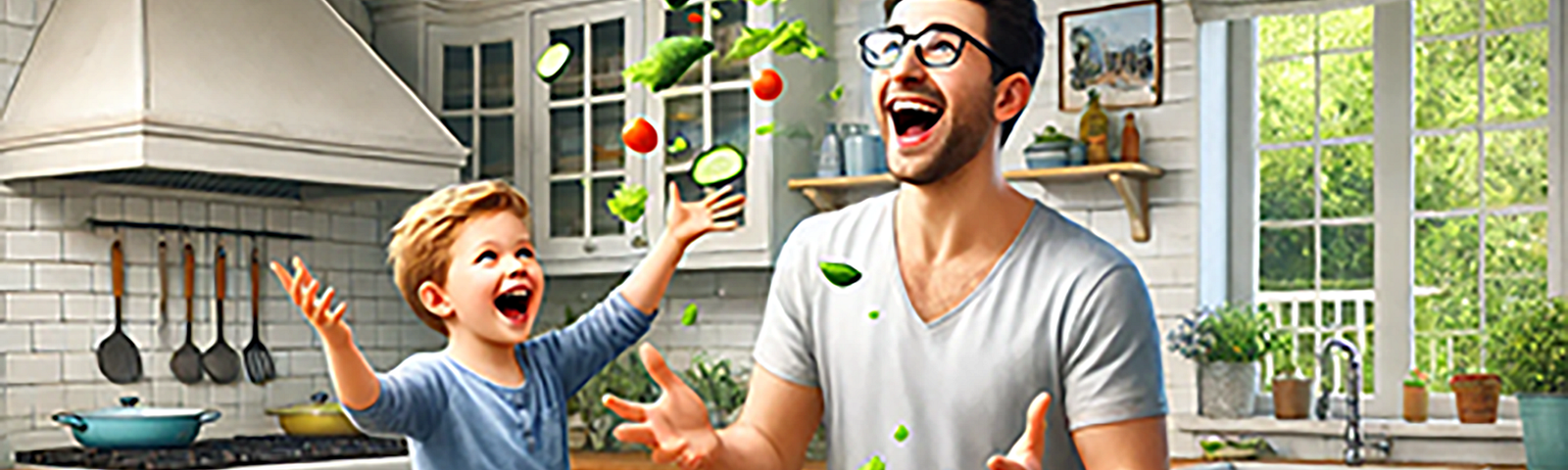 Max and his dad having a humorous moment while preparing a healthy meal in the kitchen. This scene captures the joy and engagement of learning about healthy eating and the importance of regular exercise.