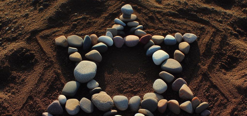 A star of David drawn in the dirt, many small stones placed on top of the star