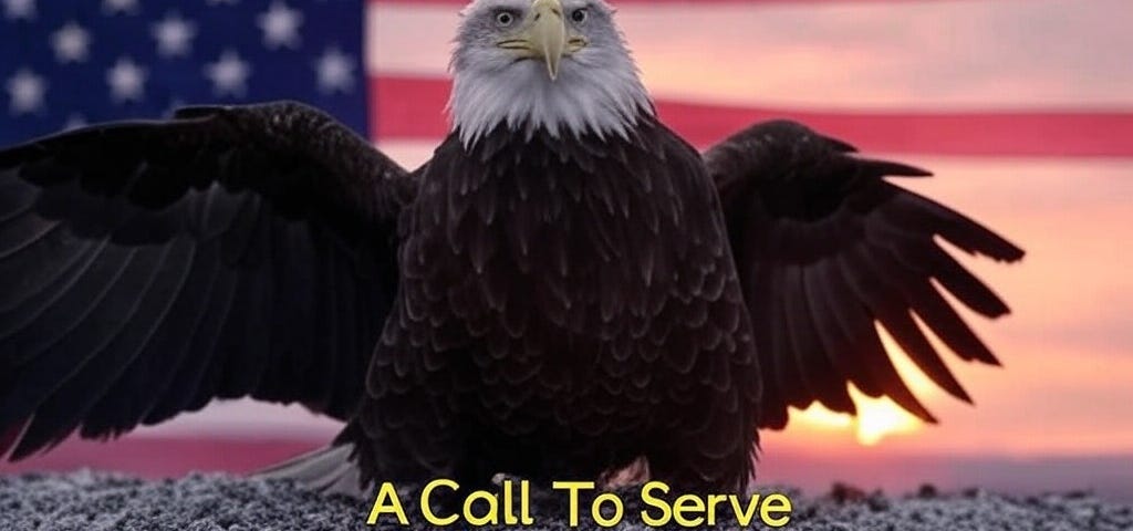 pic of American flag- with Bald Eagle i the foreground- and the text “ A Call To Serve: Recruit- Train — Retain”